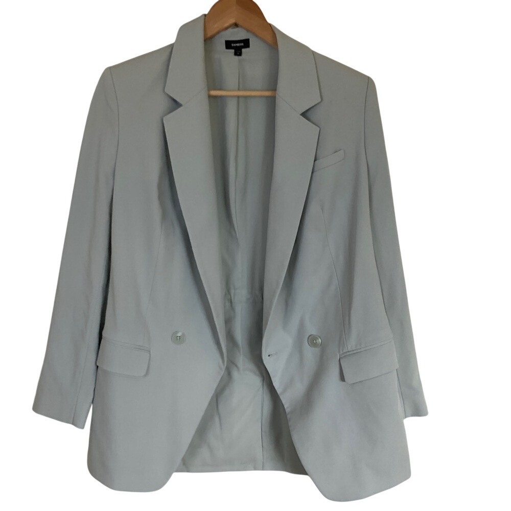 Express Womens Iced Aqua Double Breasted‎ Cinched Boyfriend Blazer Jacket Size L